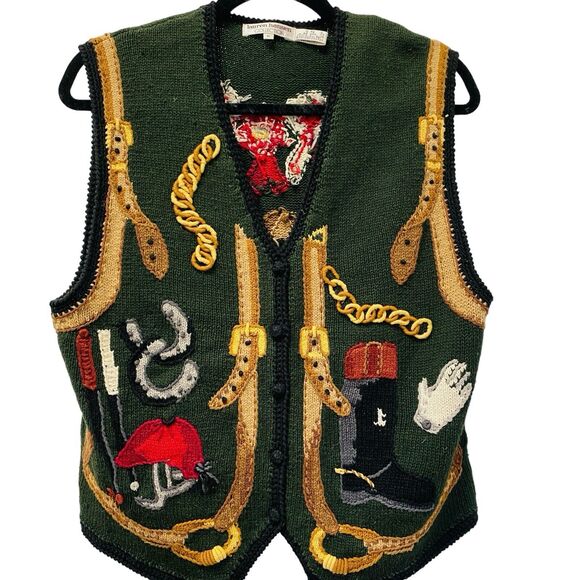 VTG Lauren Hansen Equestrian Sweater Vest Sz Medium Horse Polo Bit Bridle 80s - Picture 5 of 11